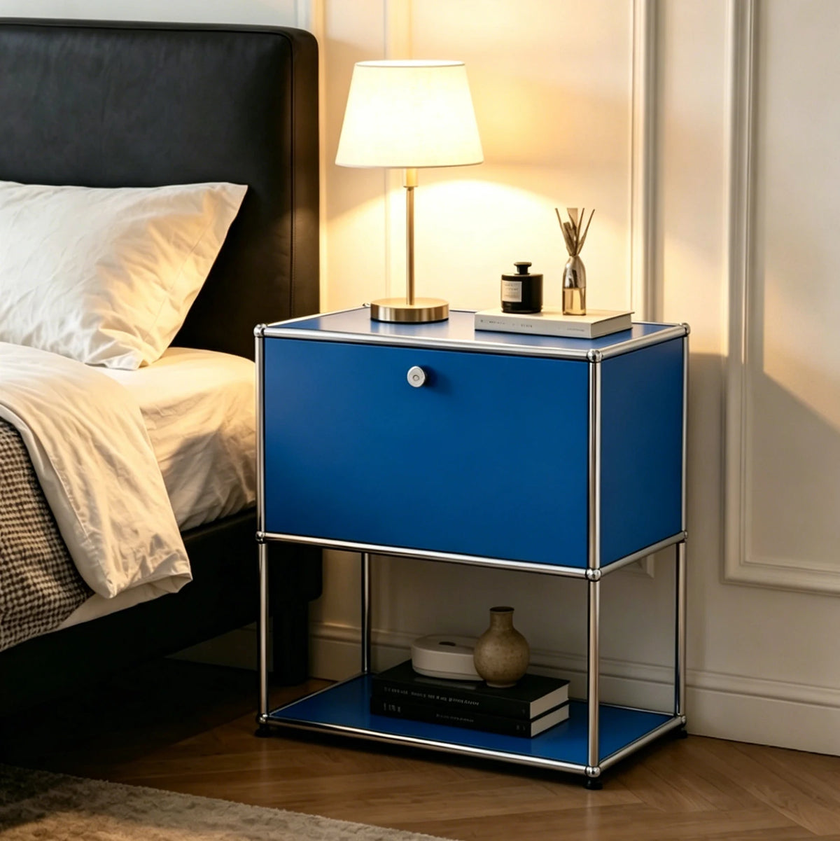 Modern Modular Nightstand Chrome Metal Frame Small Side End Table 2‑Tier Open Storage Bedside Cabinet for Bedroom