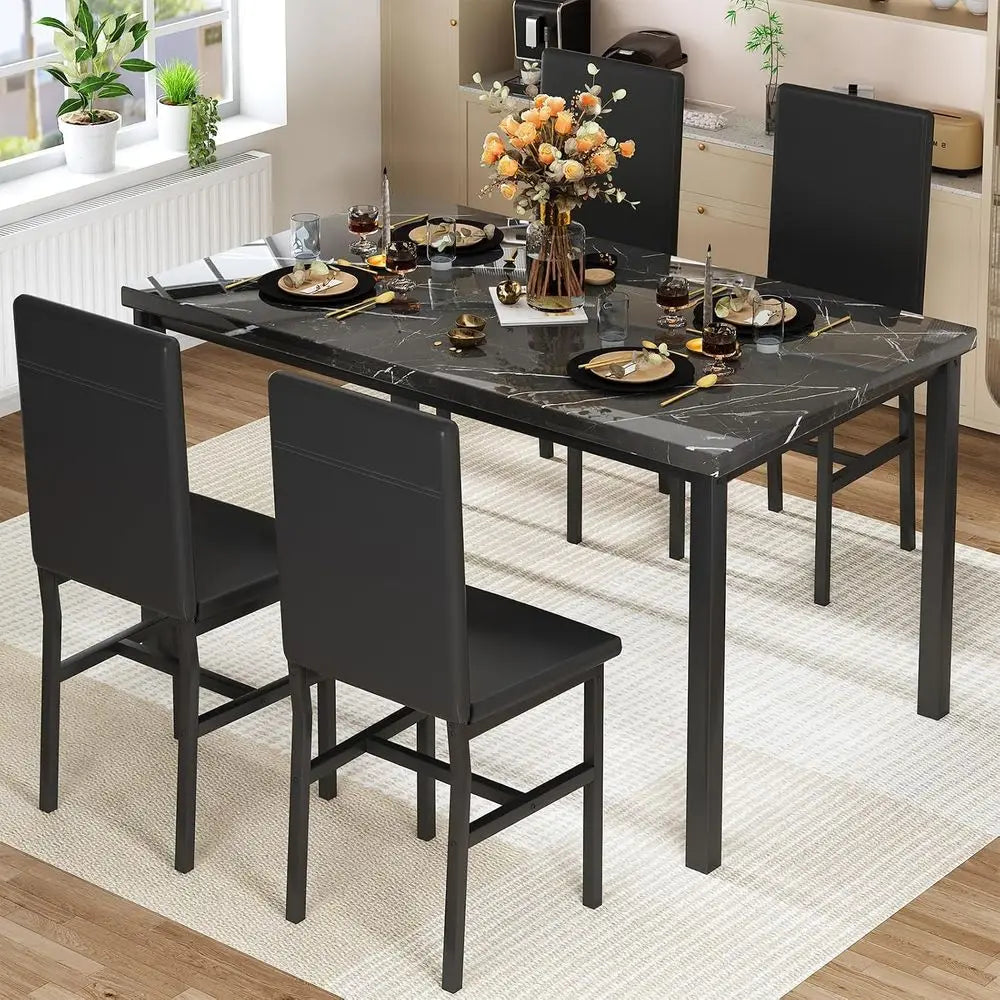 Dining Table Set or 4, ern aux Marble Kitchen Table with 4 PU Leather Chairs, 5 Piece Dining Room Sets or Dinette, Breakast Nook
