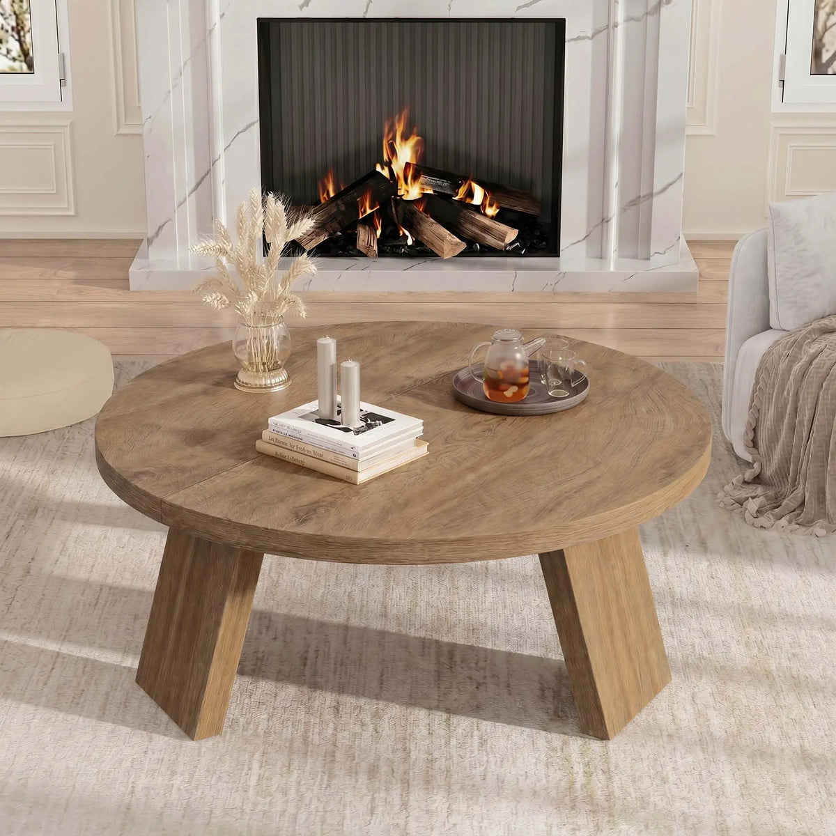 HiMiss Modern Round Coffee Table With Wood Grain Top