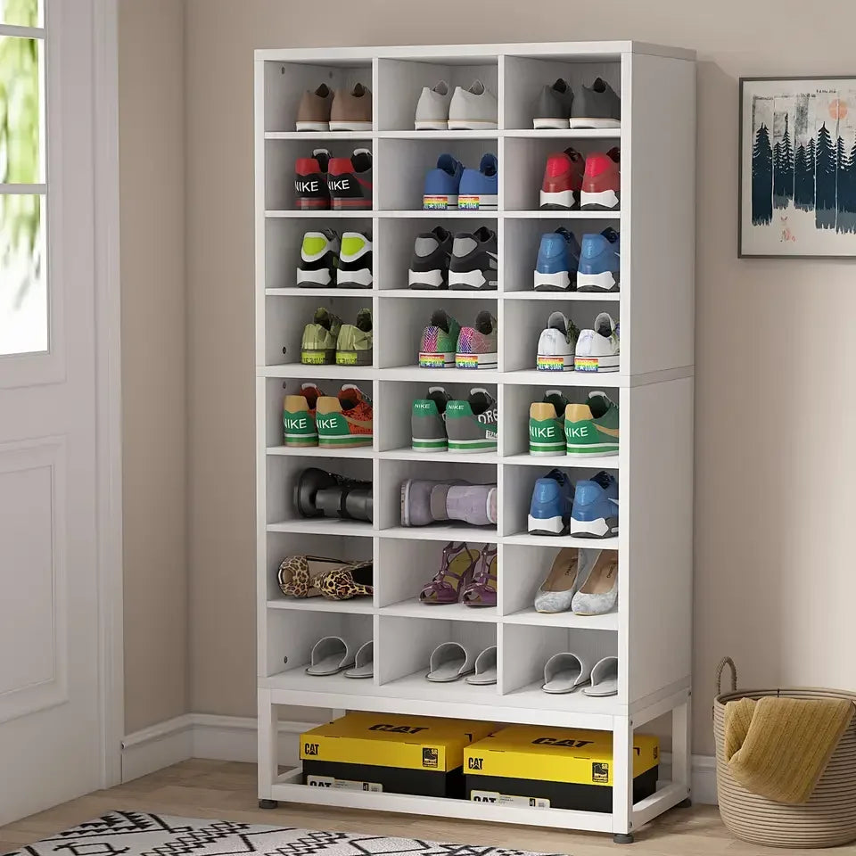 Tribesigns Wooden Shoe Cabinet 8-Tier Display Shelf Rack Stand White Wood Cube Shelf