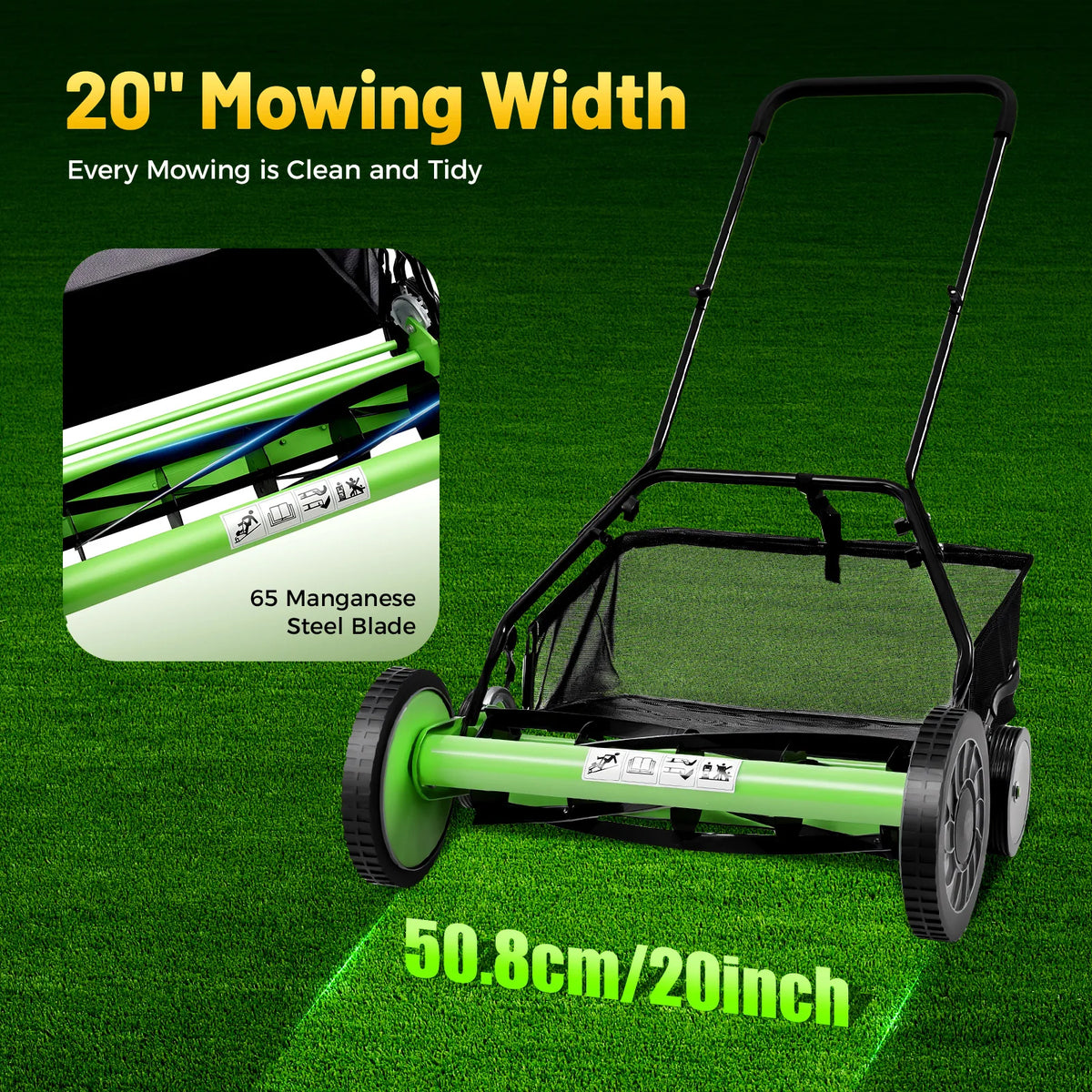 Push Reel Lawn Mower With Grass Catcher Adjustable Height