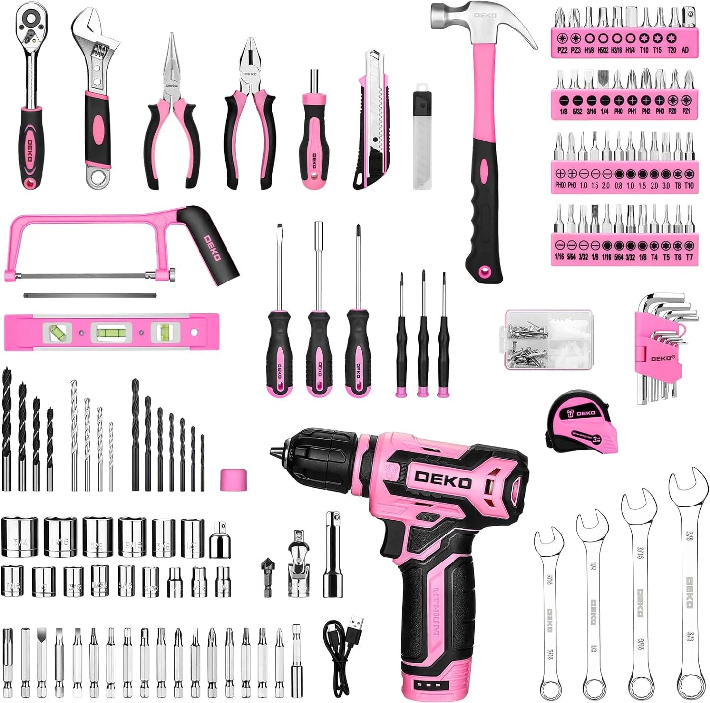 DEKO 12V Cordless Drill And Mechanic Toolbox Kit