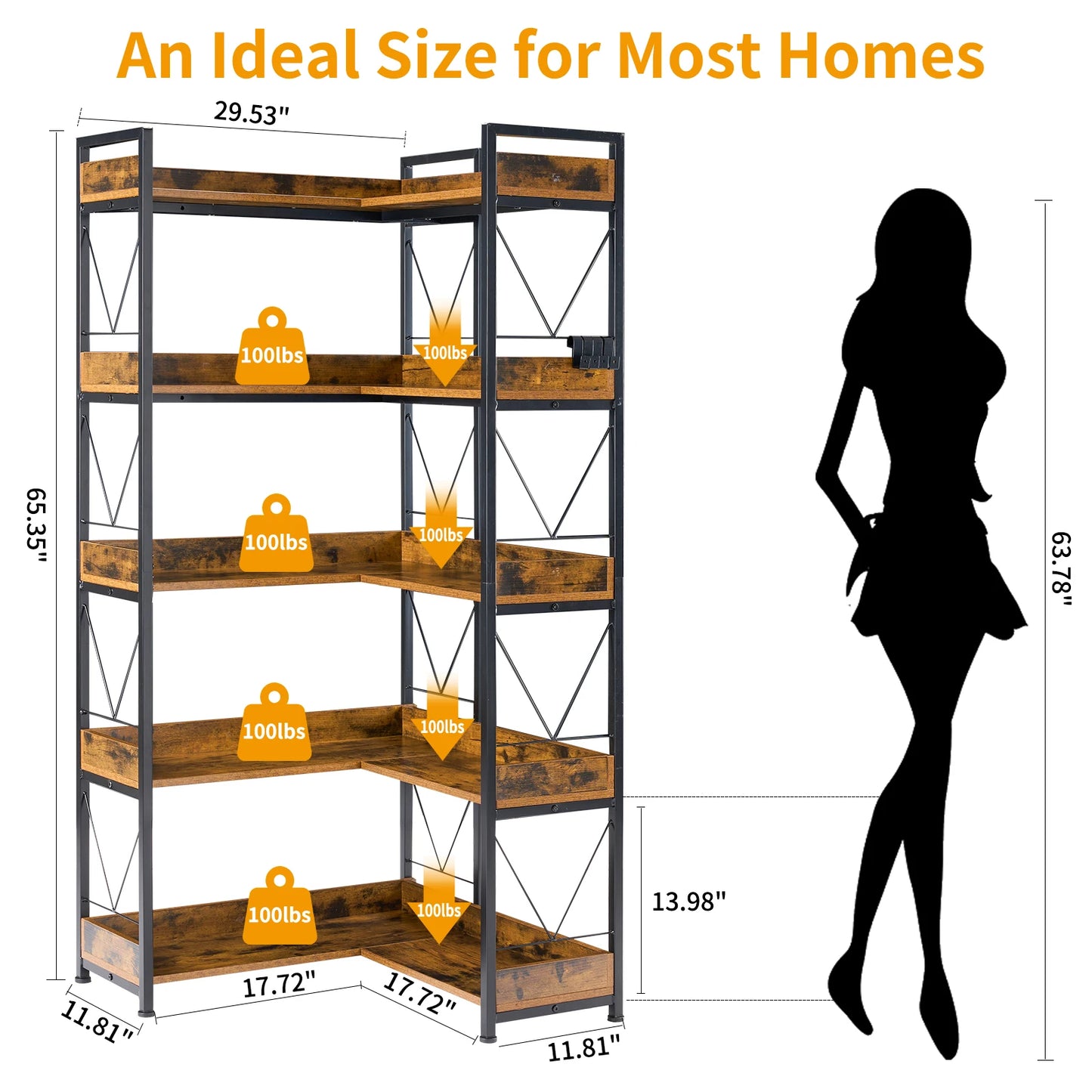MCQ 5-Tier L-Shape Corner Bookshelf Metal Frame