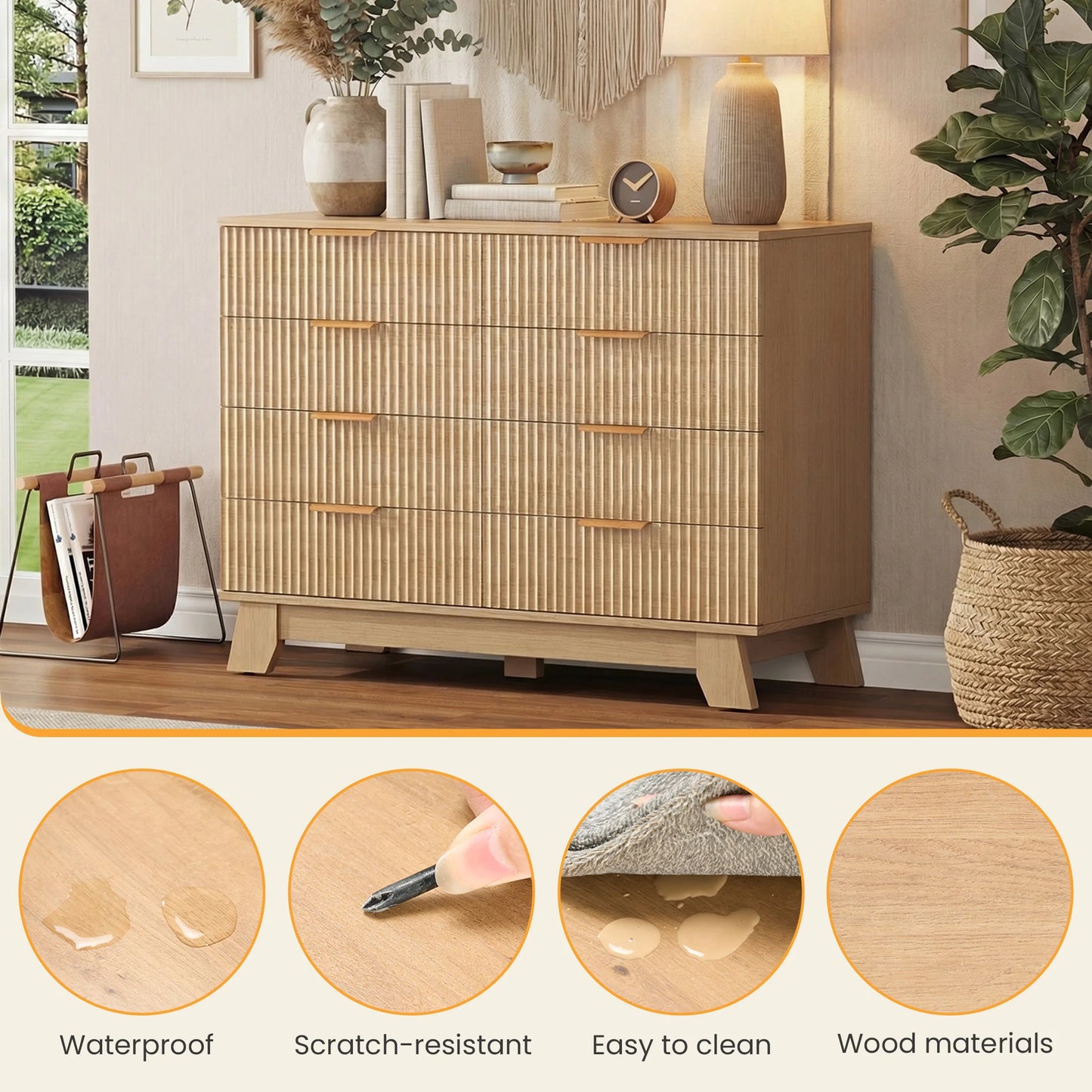JHK Fluted Wood Dresser With Metal Handles