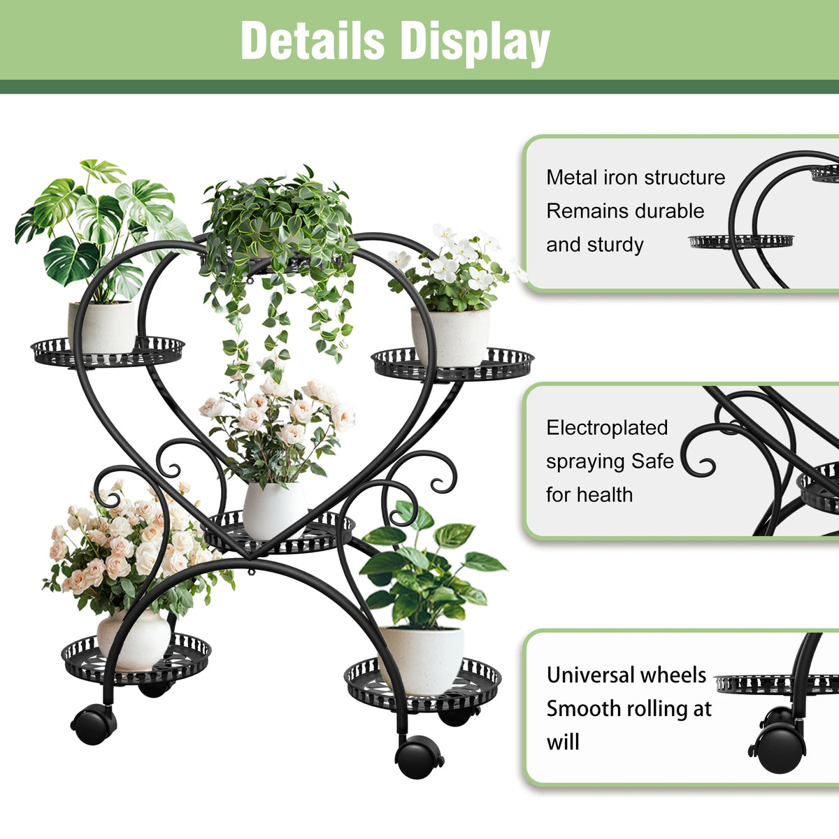 Wisfor 6 Tier Black Metal Heart Shape Plant Stand With Wheels