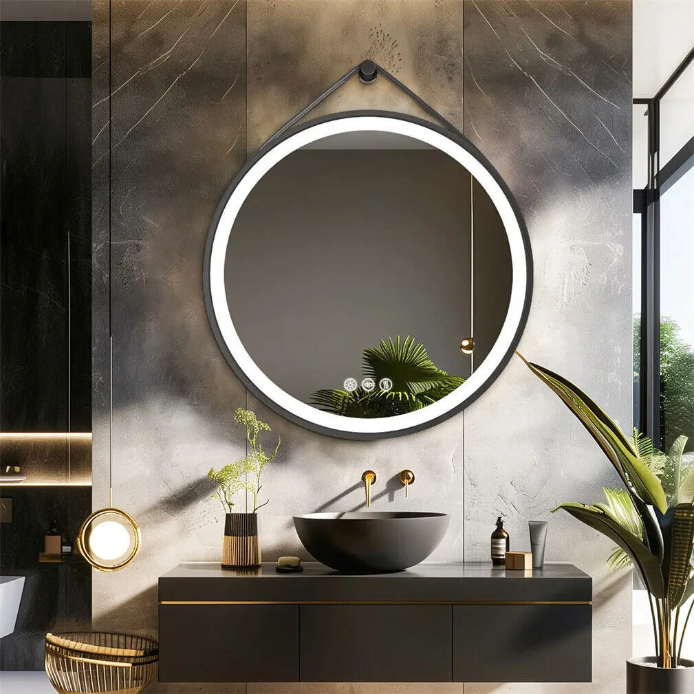LED Bathroom Mirror 600/700/800mm Round Illuminated Wall Mirror Anti-fog, Dimmable, with Leather Belt