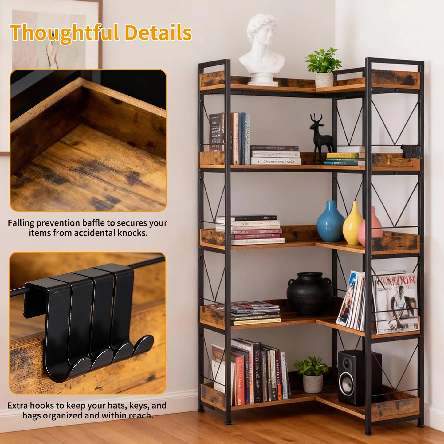 MCQ 5-Tier L-Shape Corner Bookshelf Metal Frame
