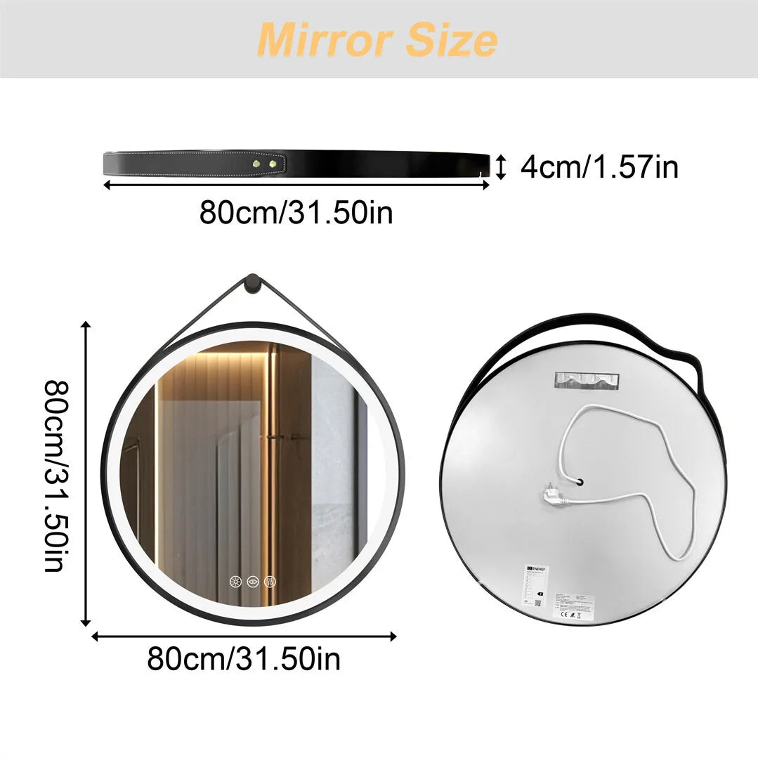 LED Bathroom Mirror 600/700/800mm Round Illuminated Wall Mirror Anti-fog, Dimmable, with Leather Belt