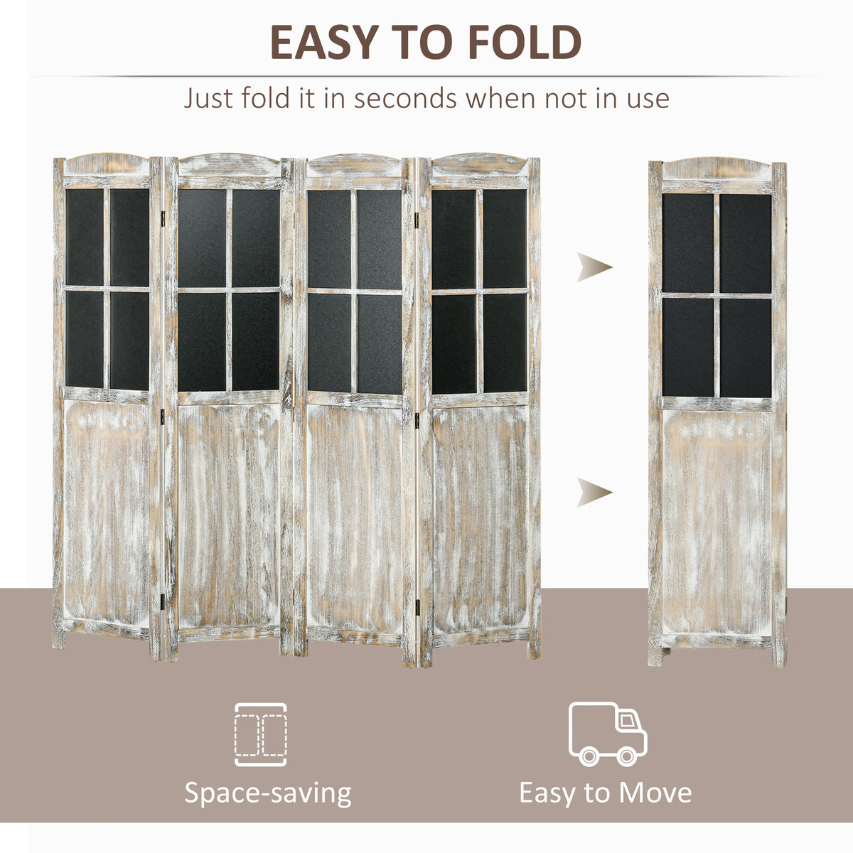 HOMCOM 4 Panel Room Divider, 5.6' Tall Farmhouse Style Folding Indoor Portable Wood Privacy Screen with Black Boards, Hinged Freestanding Partition Wall Dividers for Home Office, Natural