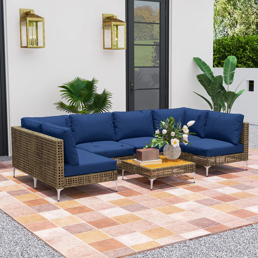 7 Piece Wicker Patio Furniture Set, Modular Outdoor Sectional Conversation Set with Thickened Cushions, Acacia Wood Table, Brown/Dark Blue