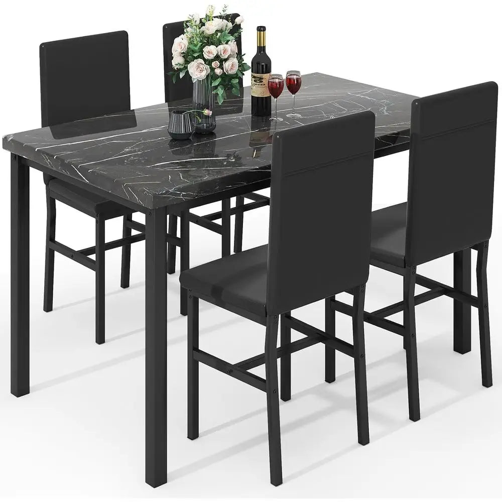 Dining Table Set or 4, ern aux Marble Kitchen Table with 4 PU Leather Chairs, 5 Piece Dining Room Sets or Dinette, Breakast Nook