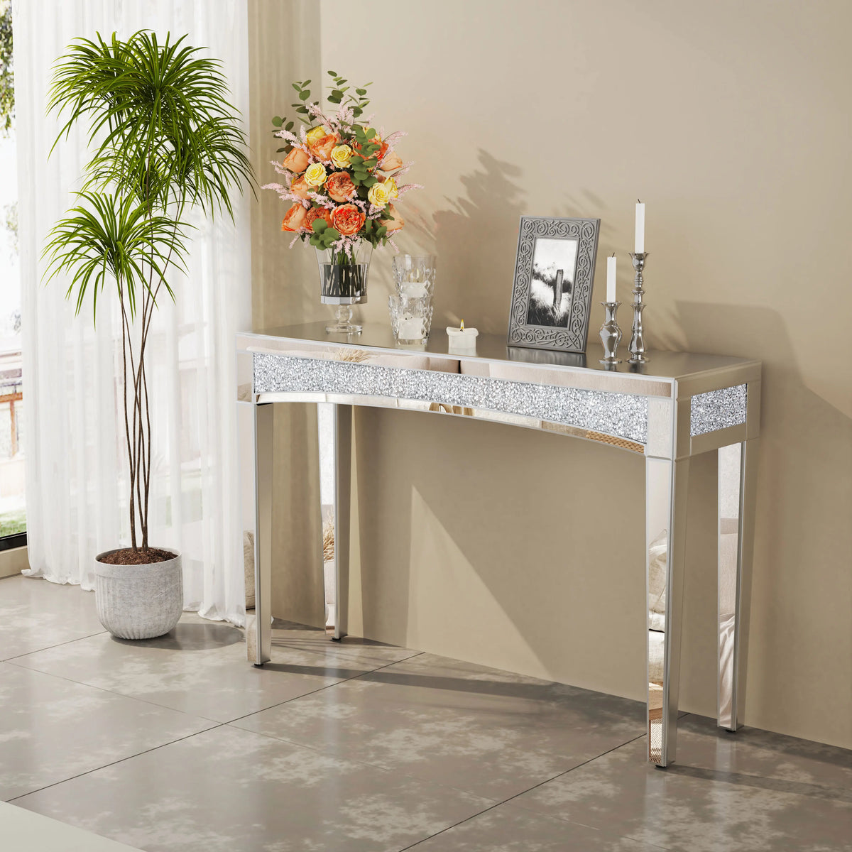 Mirrored Console Table With Crystal Inlay