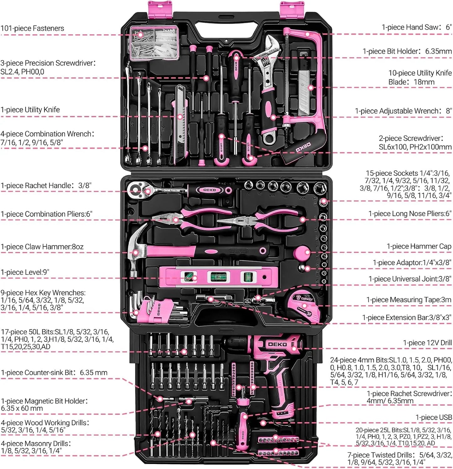 DEKO 12V Cordless Drill And Mechanic Toolbox Kit