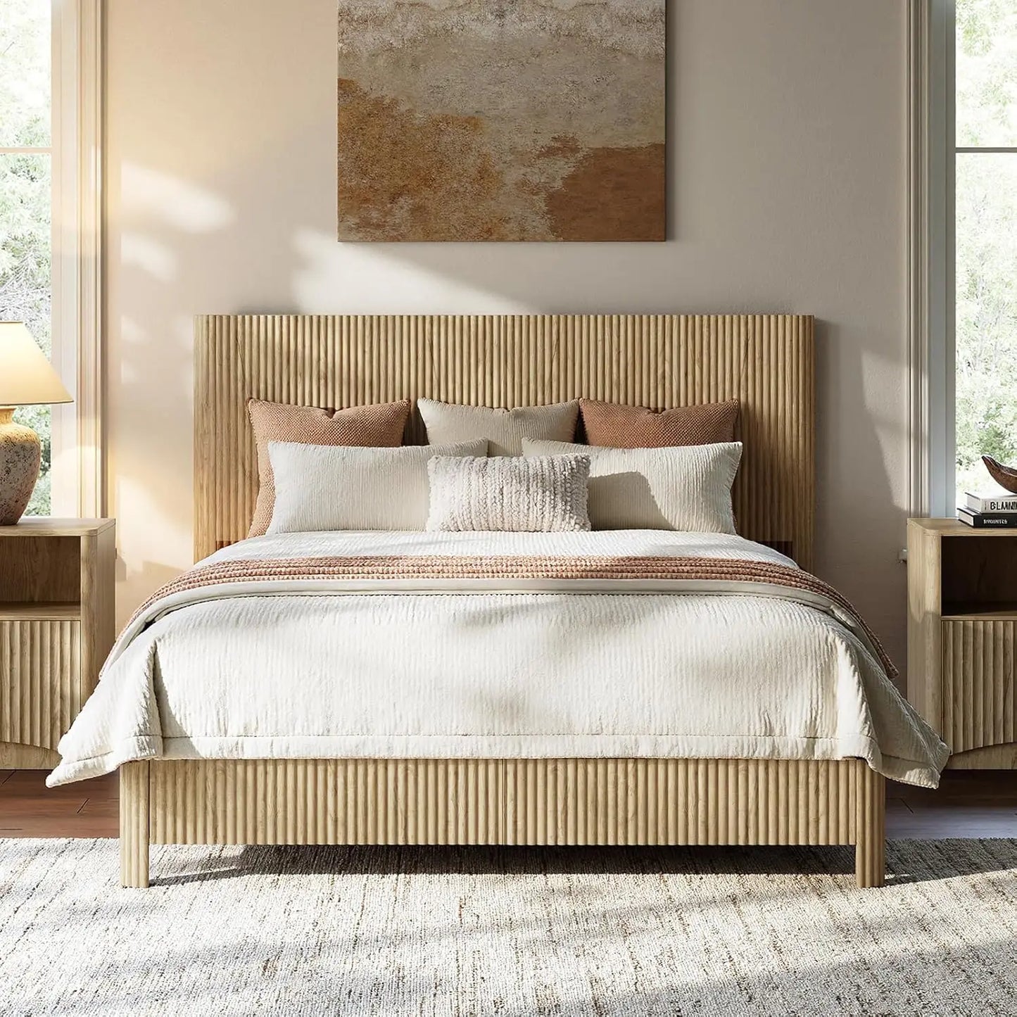 Walnut Platform Bed Frame Fluted Mid Century Modern