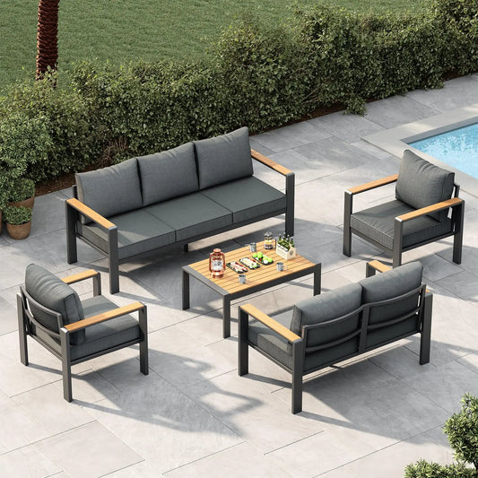 7 Seat Aluminum Patio Furniture Set, Outdoor Sectional Sofa With 5 Inch Thick Cushions & Coffee Table For Porch Deck Yard