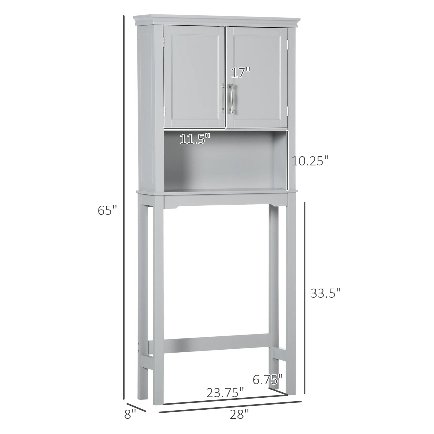 Kleankin Modern over the Toilet Storage Cabinet, Double Door Bathroom Organizer with Inner Adustable Shelf and Open Shelf, Grey