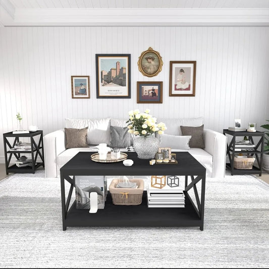 Living Room Coffee Table Set of 3, Industrial X-Design Coffee Table and 2 End Side Tables, 3 Piece Living Room Table Set