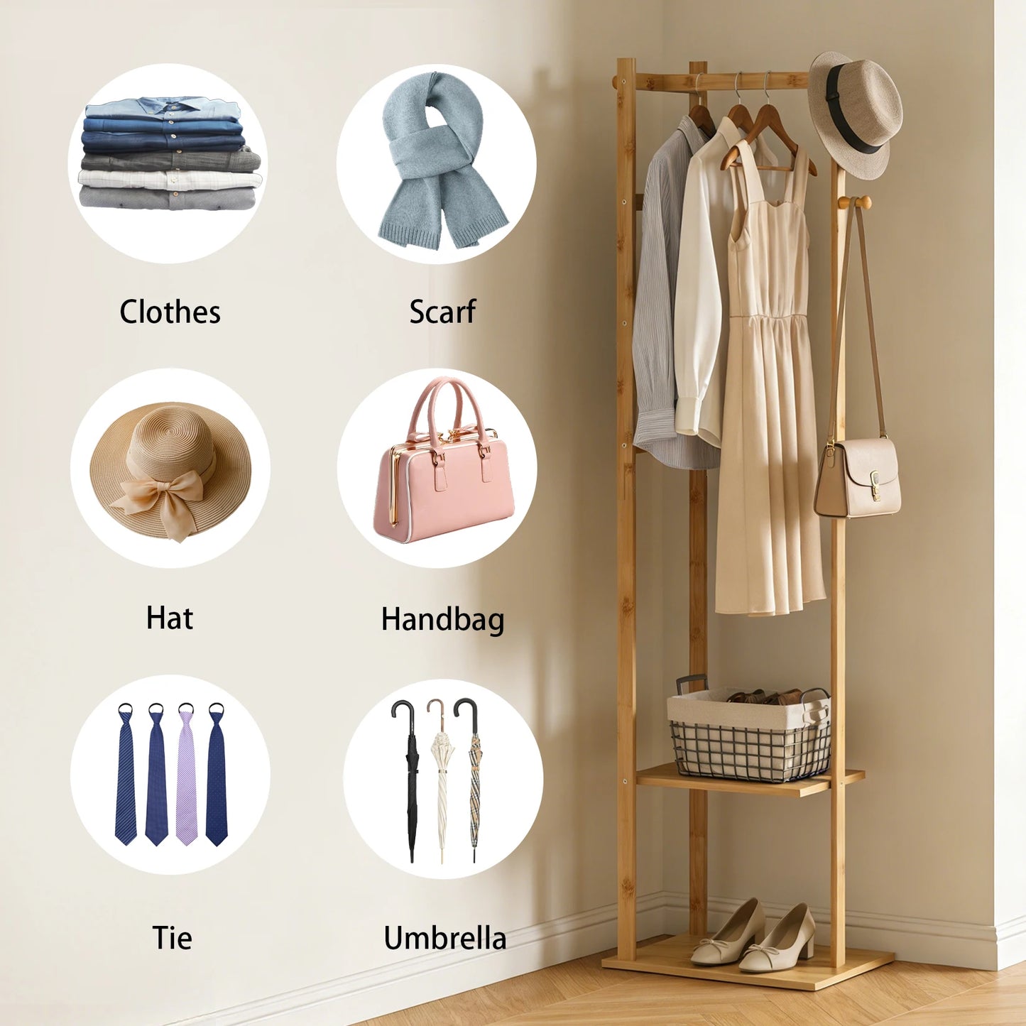 Wisfor Bamboo Corner Coat Rack Stand Hall Tree