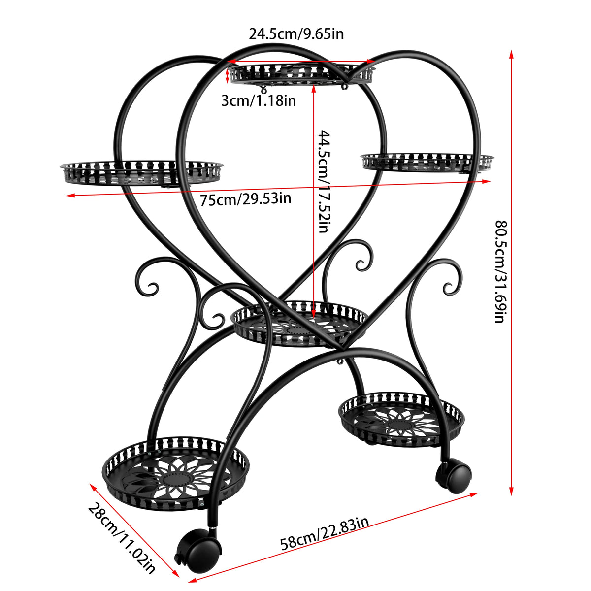 Wisfor 6 Tier Black Metal Heart Shape Plant Stand With Wheels