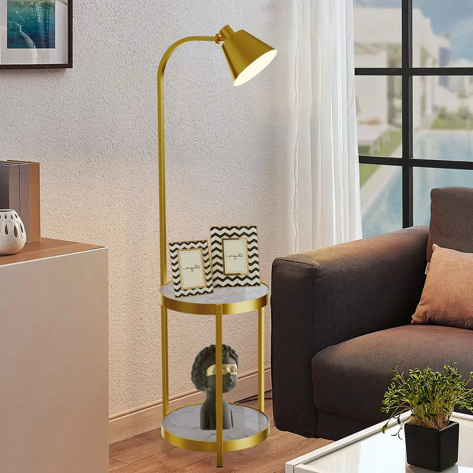 Vrygle Modern Gold 2 Tier Floor Lamp With Storage Table