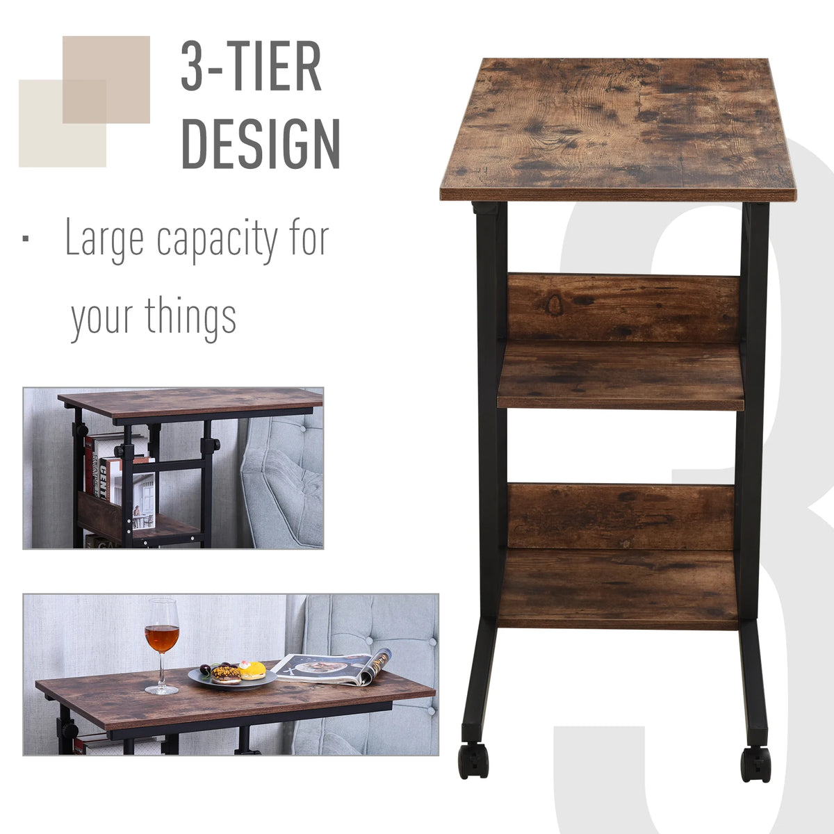 HOMCOM Industrial Rolling Side Table With 3 Tier Storage