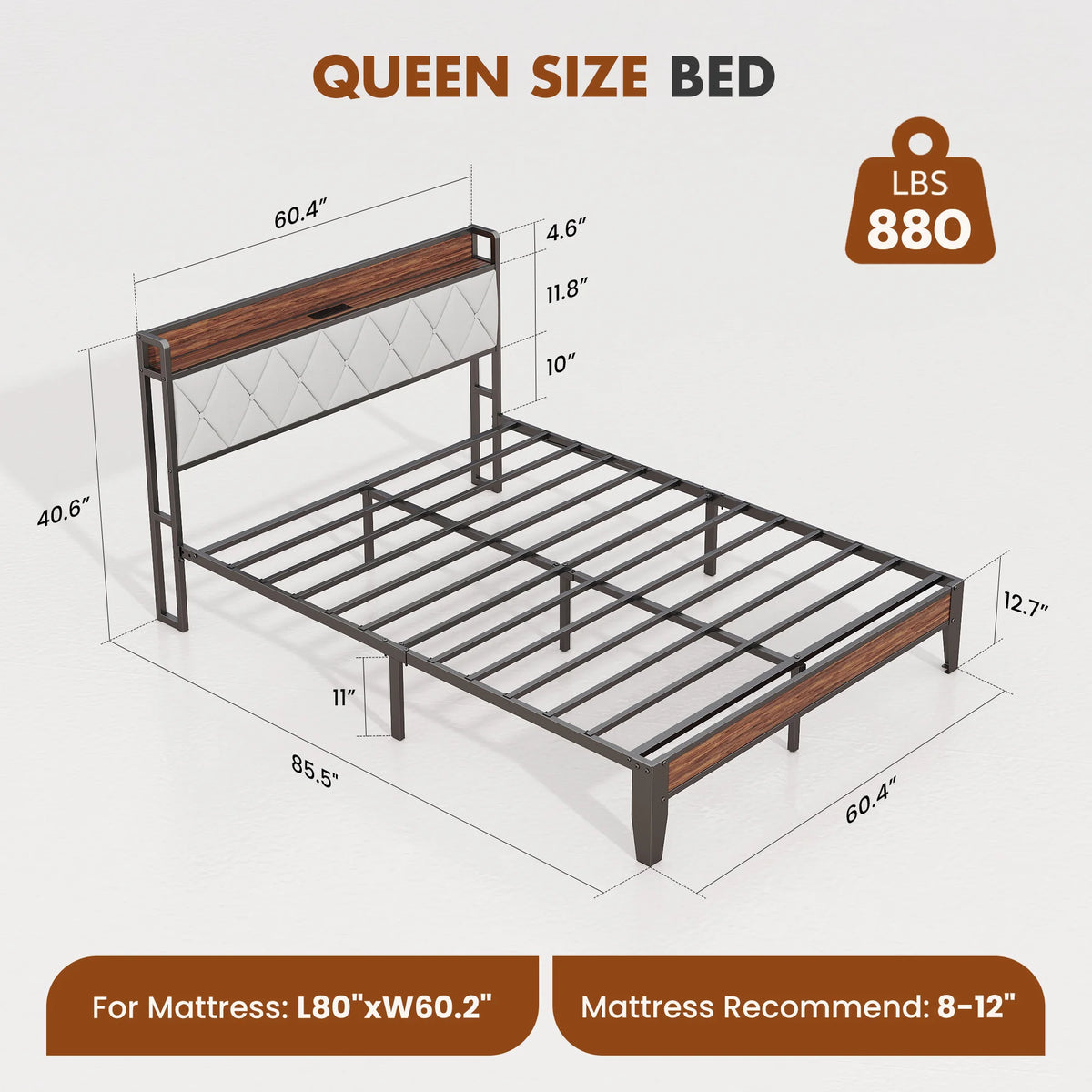 JHK Heavy Duty Metal Bed Frame With Charging Station