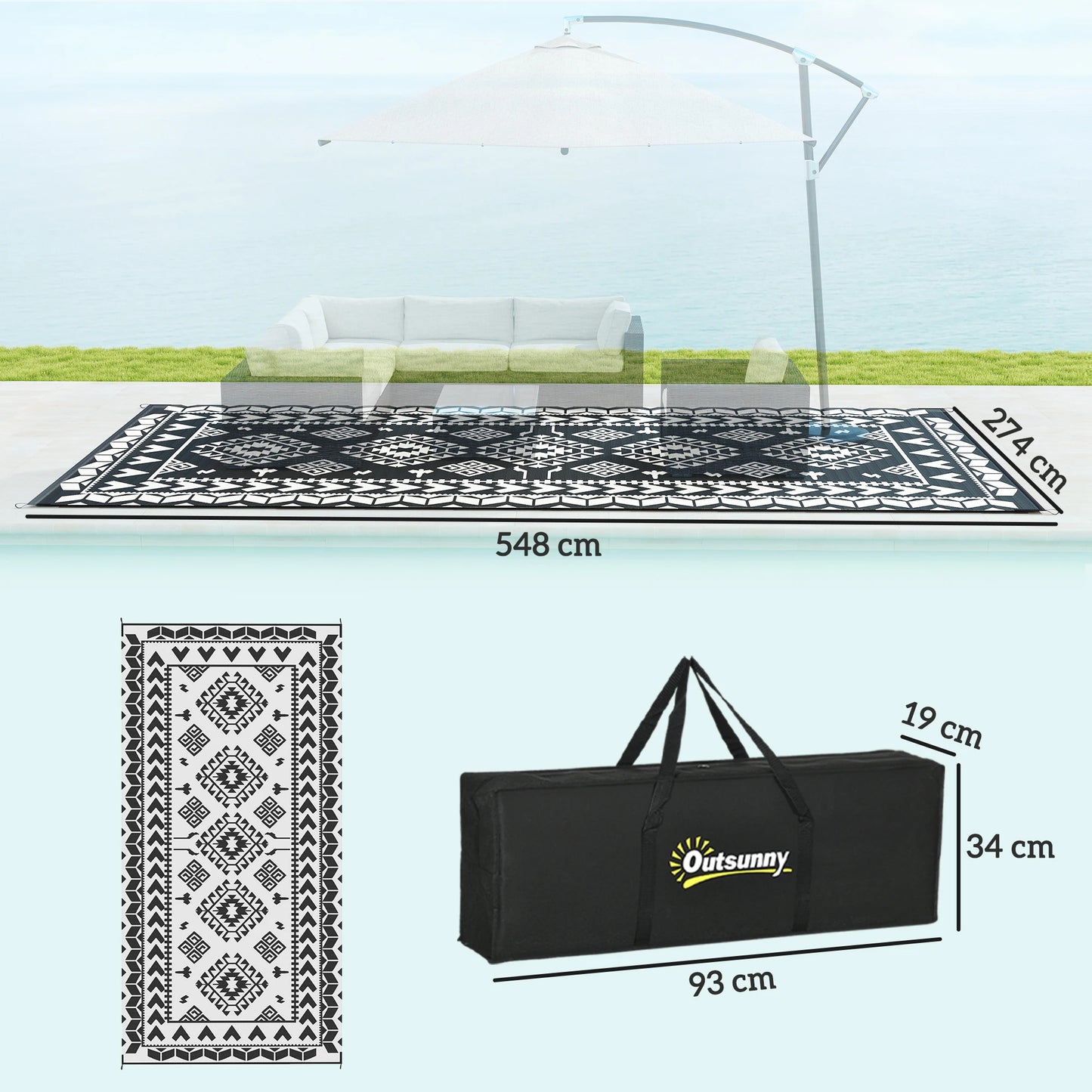 Outdoor Rug, 9' x 18' Floor Mat, Black White Rhombus Patchwork