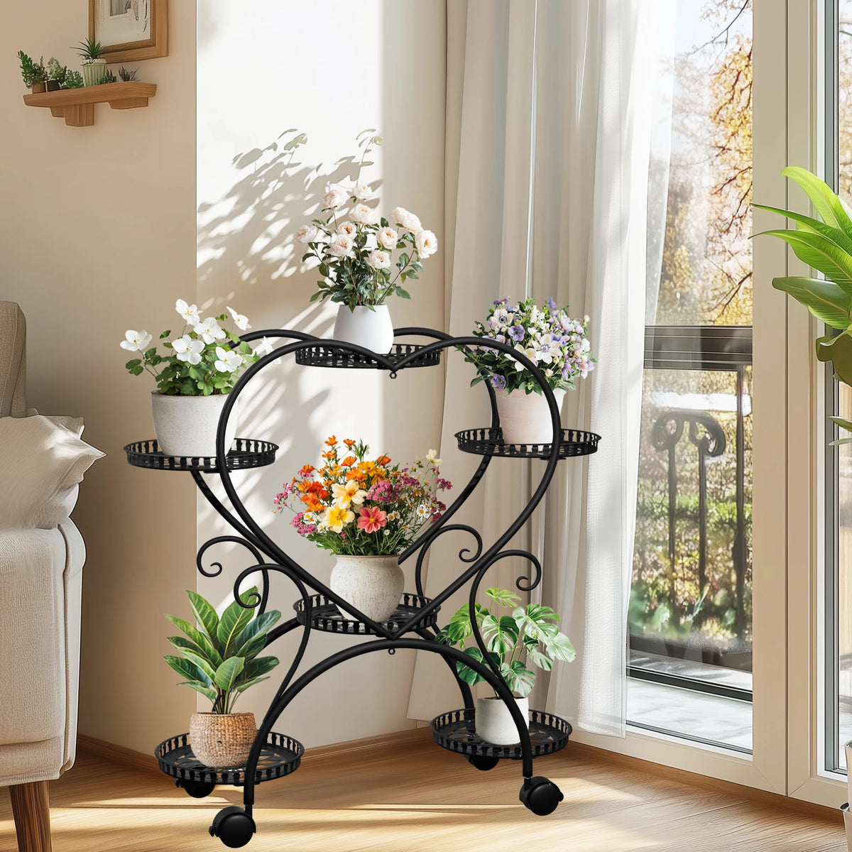 Wisfor 6 Tier Black Metal Heart Shape Plant Stand With Wheels
