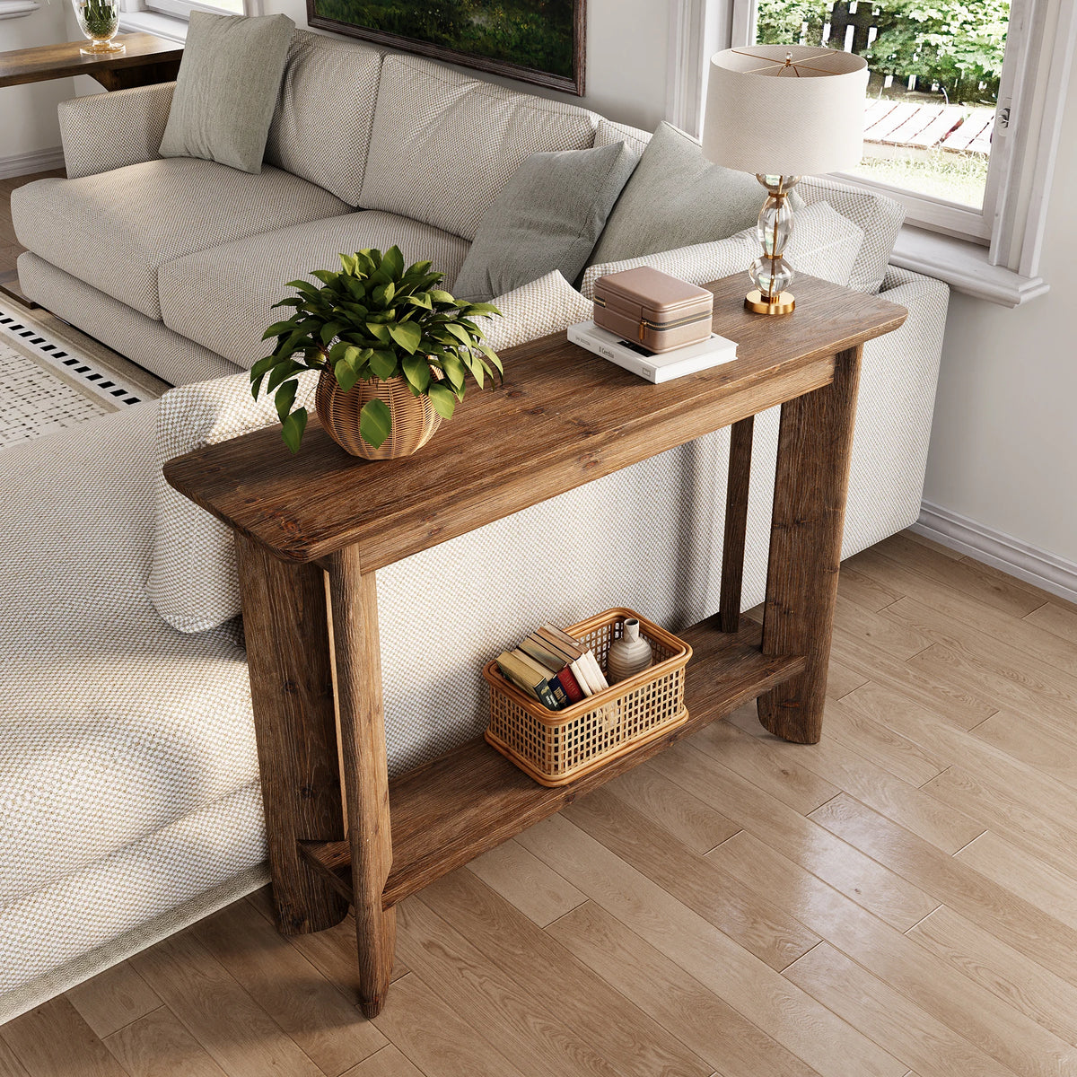 Tribesigns Walnut Solid Wood 2 Tier Console Table