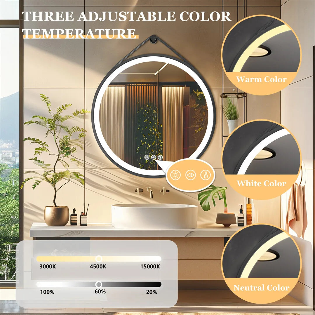 LED Bathroom Mirror 600/700/800mm Round Illuminated Wall Mirror Anti-fog, Dimmable, with Leather Belt