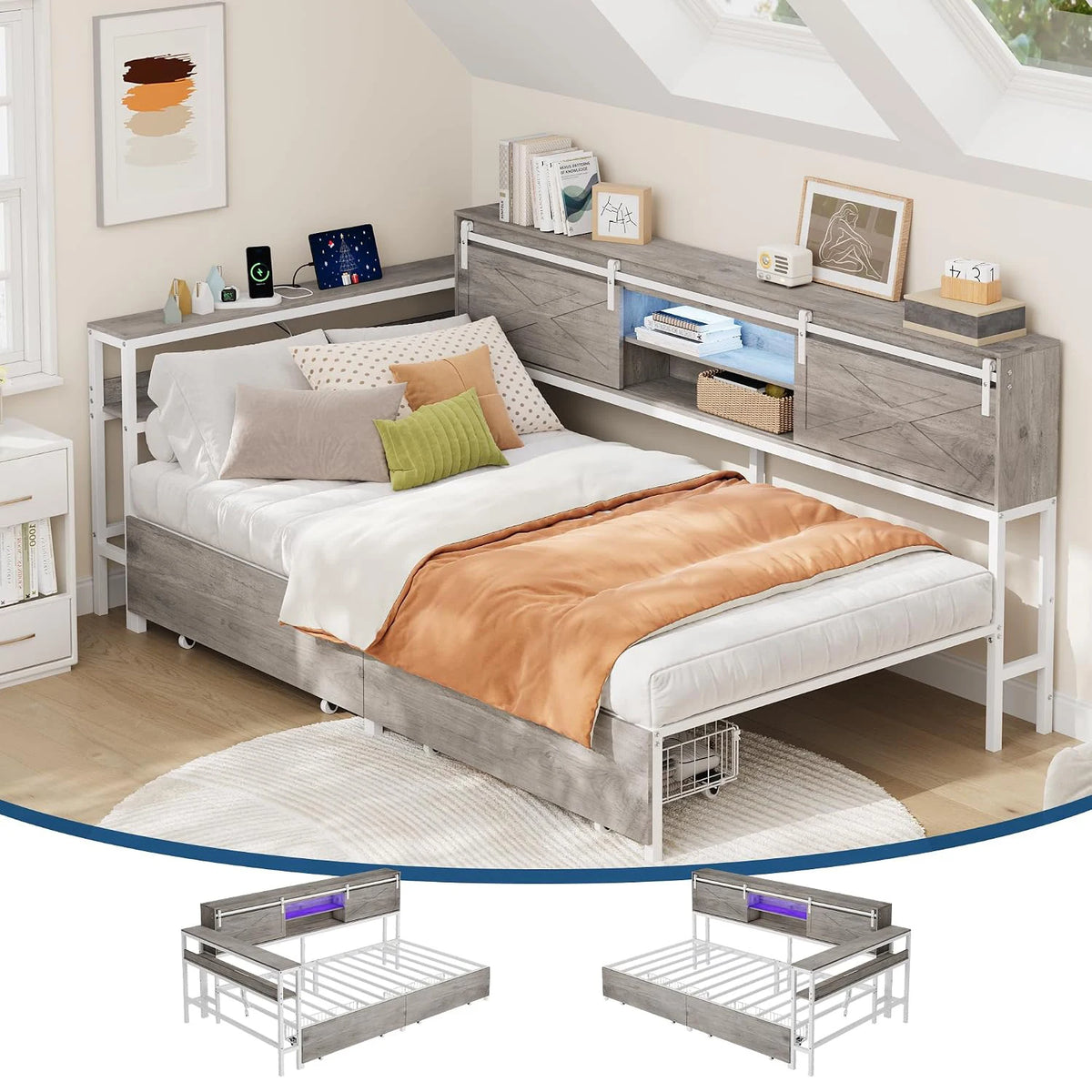 HiMISS Corner Bed Frame With Desk And LED Lights