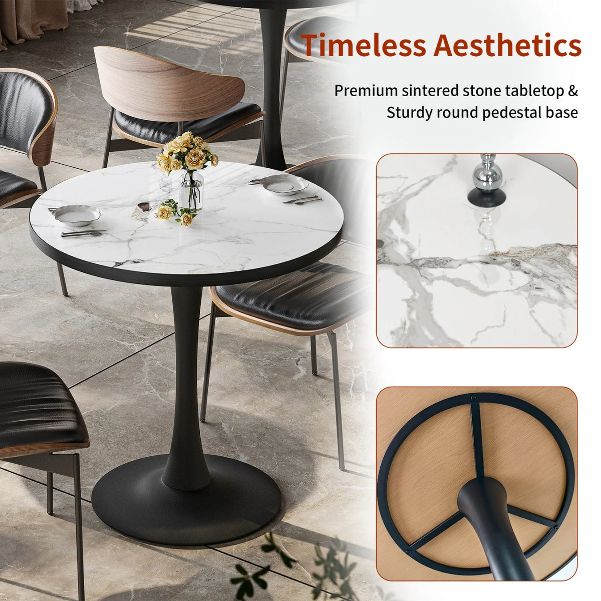 77cm Round Dining Table for 2-3 People Sintered Stone-top Stable Base Coffee Table Circle Kitchen Tables Chairs No Included