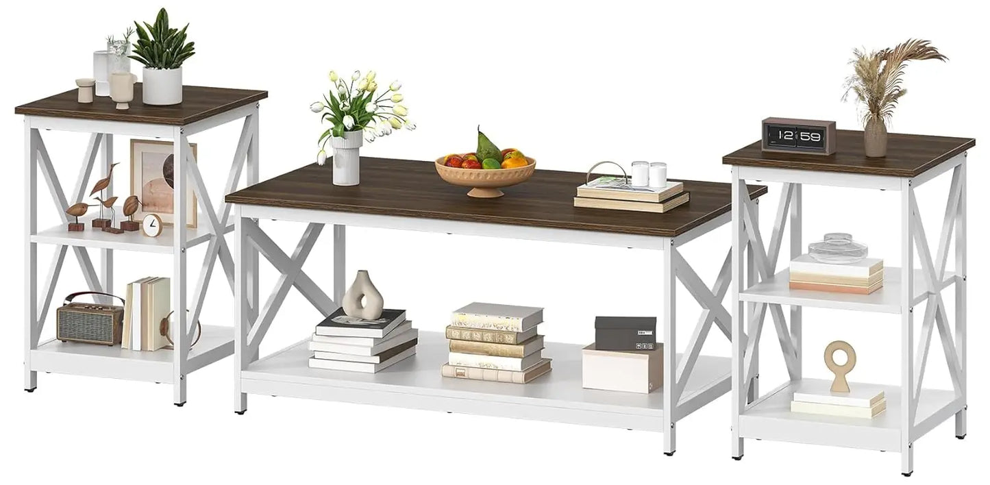 Living Room Coffee Table Set of 3, Industrial X-Design Coffee Table and 2 End Side Tables, 3 Piece Living Room Table Set
