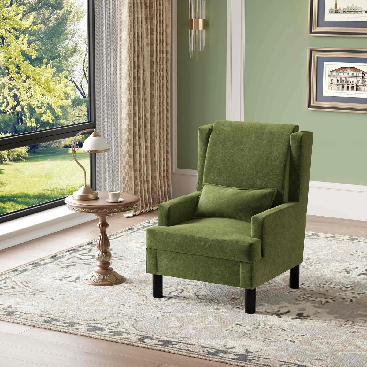 Mid Century Modern Wingback Accent Chair, Upholstered Chenille Reading Armchair With Lumbar Pillow, High Back, Wood Legs For Living Room