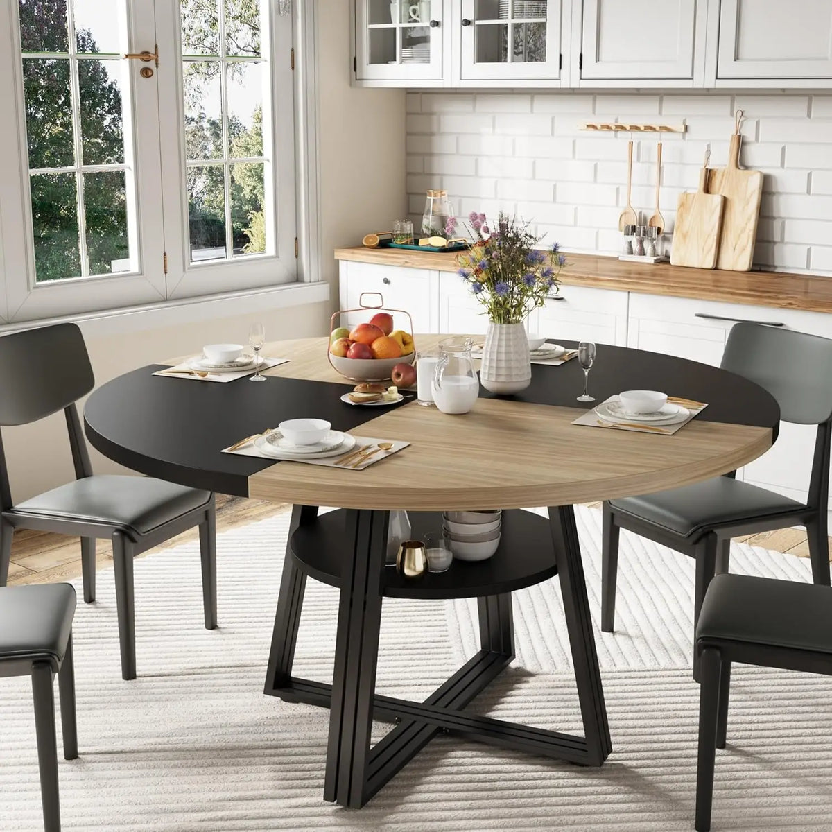 Farmhouse Round Dining Table 47 Inch, Scratch-Proof Wood Top Dinner Table with Under Table Open Storage Shelf, Reinforced Metal Cross Legs, Seats 4-6 for Kitchen Dining Room Small Apartment