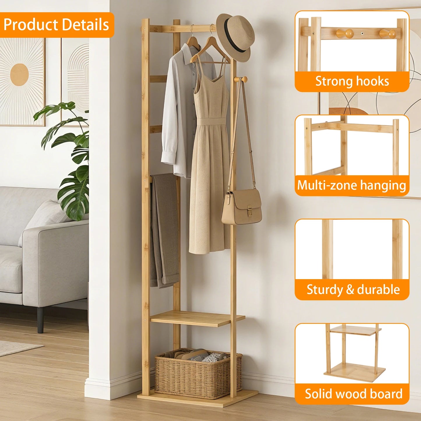 Wisfor Bamboo Corner Coat Rack Stand Hall Tree
