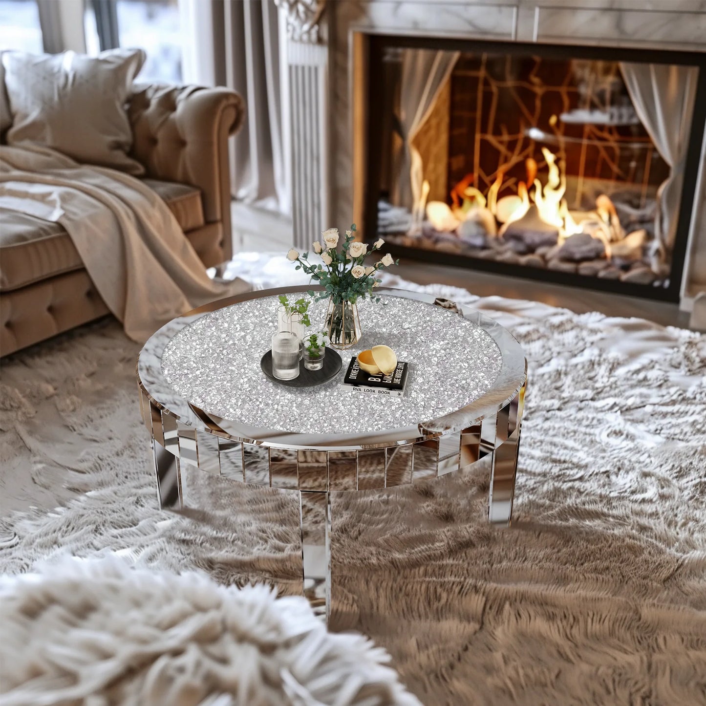 Mirrored Round Coffee Table With Crystal Inlay
