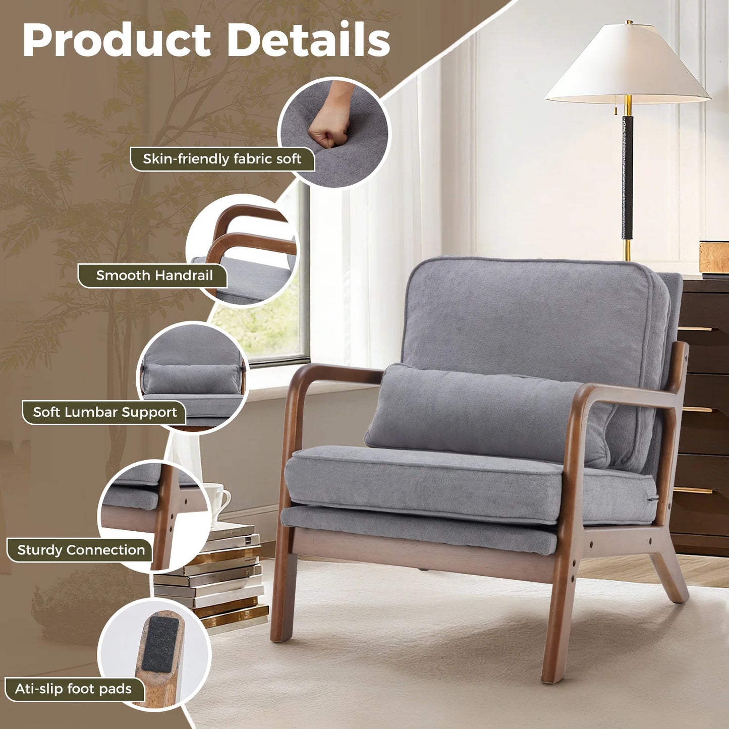 JHK Mid Century Modern Wooden Frame Armchair