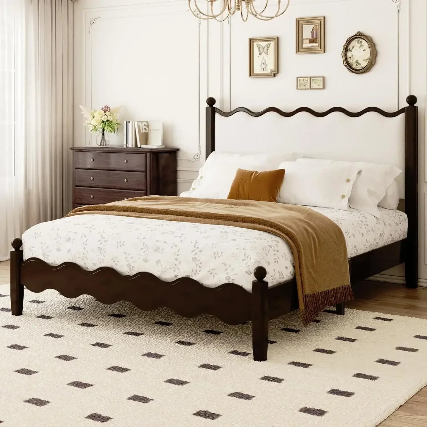 Wood Bed Frame With Vintage Wave Headboard And Foundation