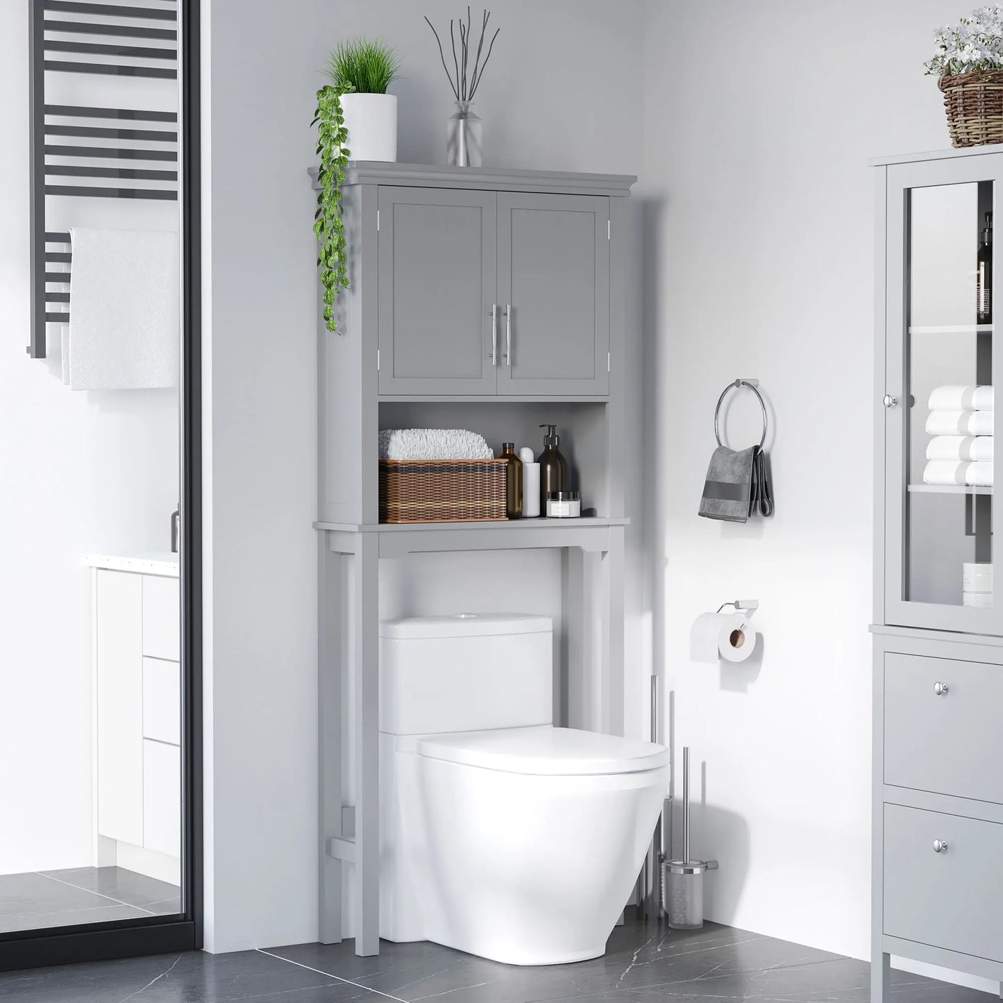 Kleankin Modern over the Toilet Storage Cabinet, Double Door Bathroom Organizer with Inner Adustable Shelf and Open Shelf, Grey