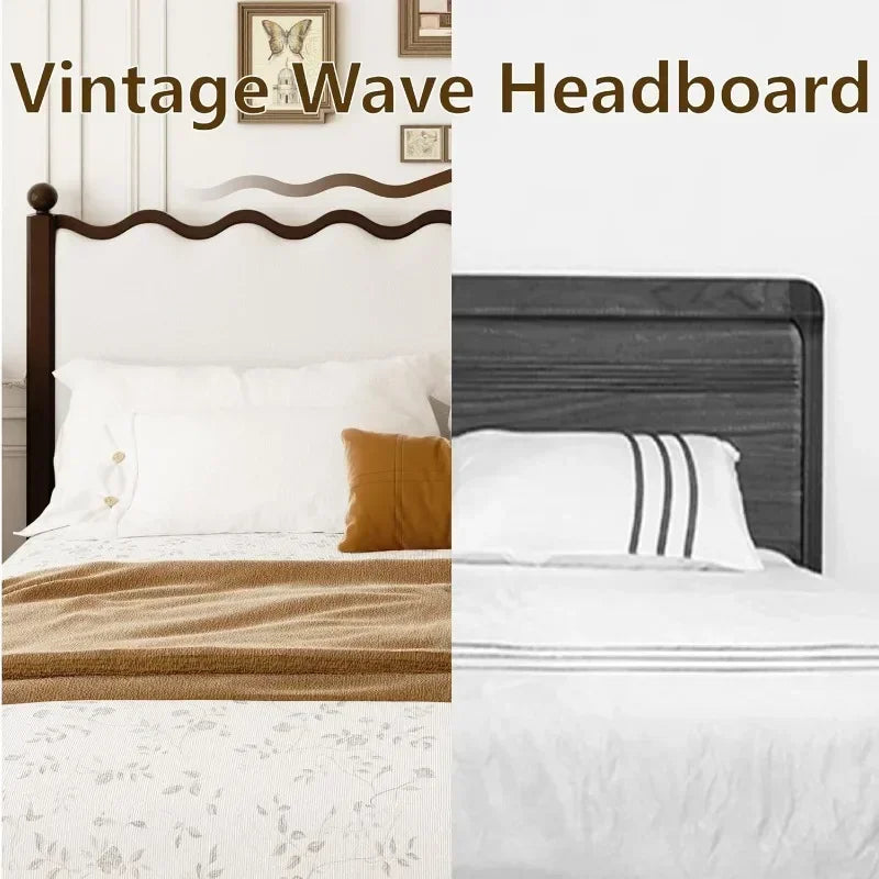 Wood Bed Frame With Vintage Wave Headboard And Foundation