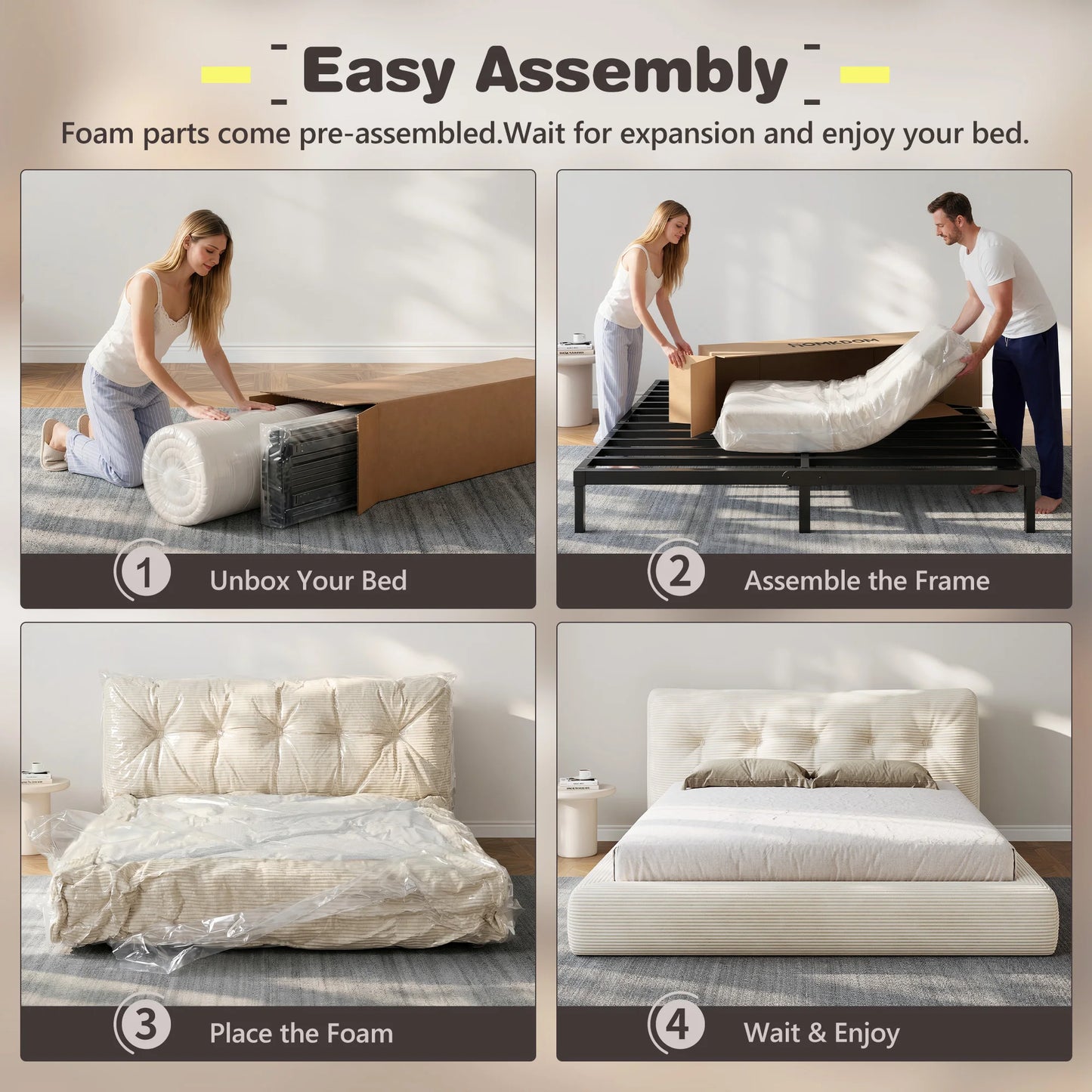 EnHomee Cloud Bed Frame With Foamed Headboard And Metal Base
