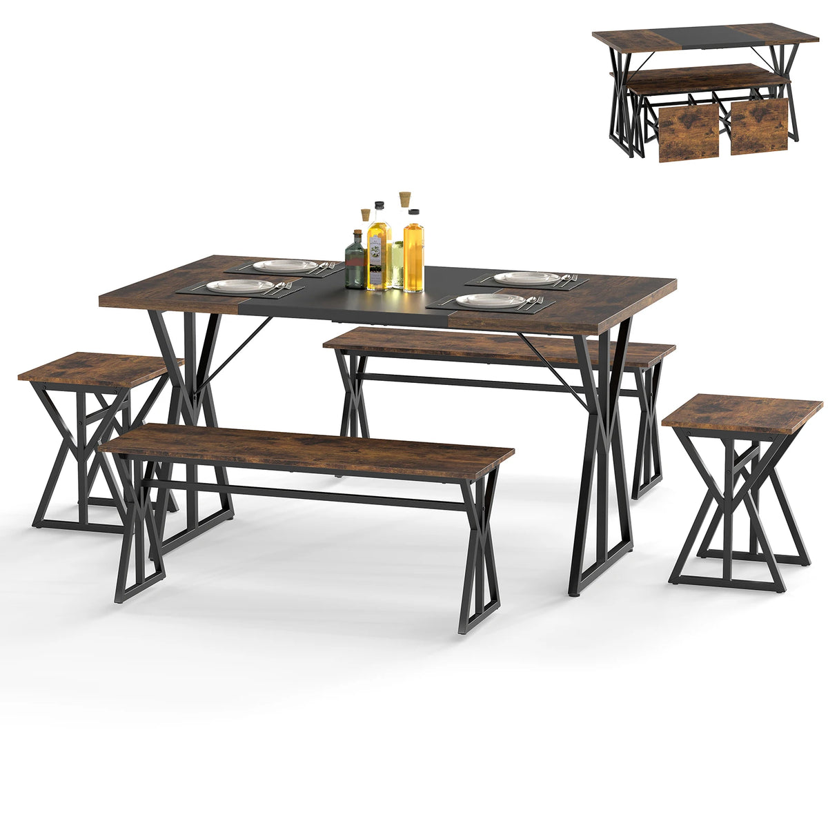 Homasis 5 Piece Dining Set with Benches and Stools
