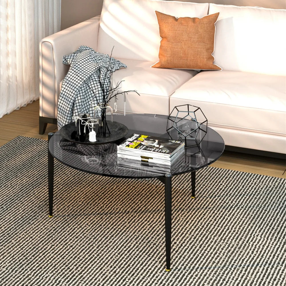 LUVODI Round Tempered Glass Coffee Table With Metal Frame