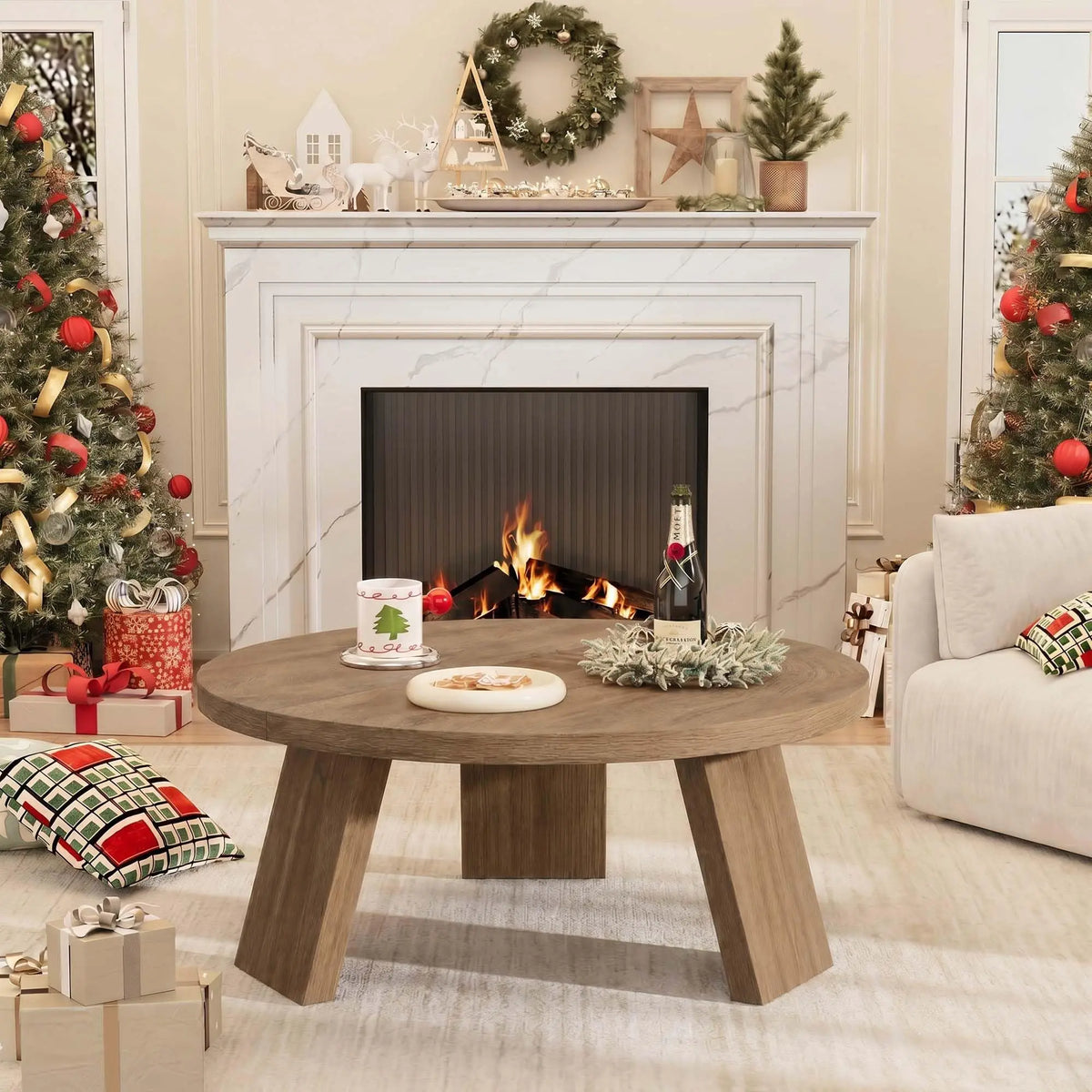 HiMiss Modern Round Coffee Table With Wood Grain Top