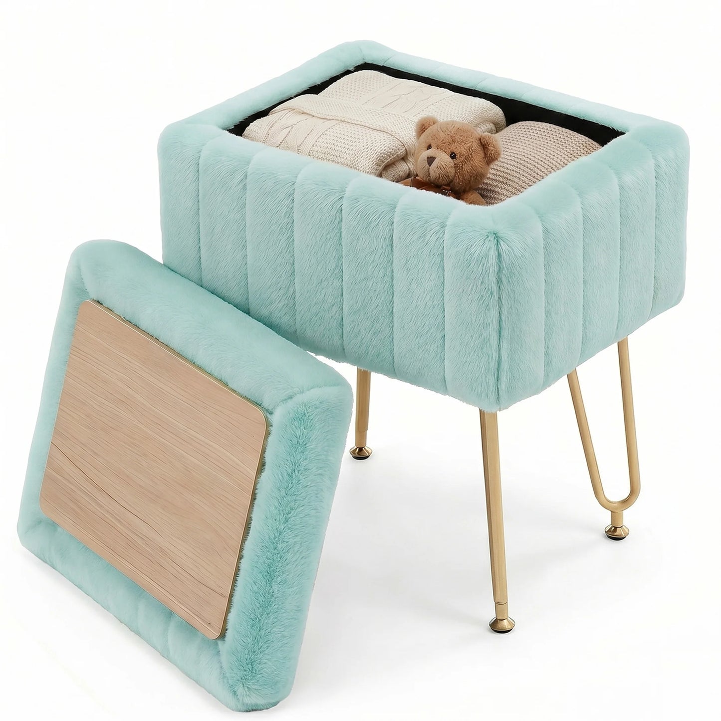 JHK Ottoman Faux Fur Vanity Stool With Storage