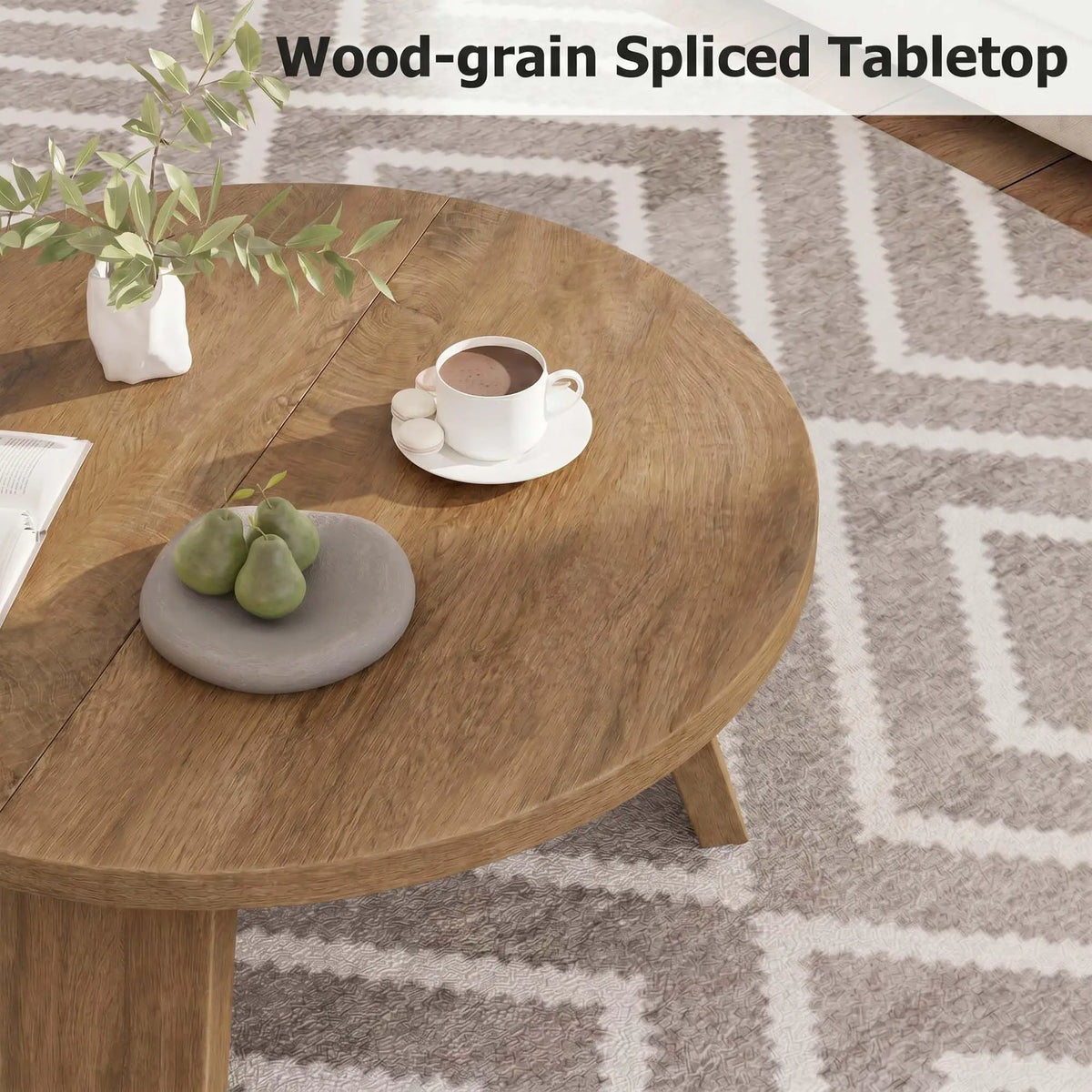 HiMiss Modern Round Coffee Table With Wood Grain Top