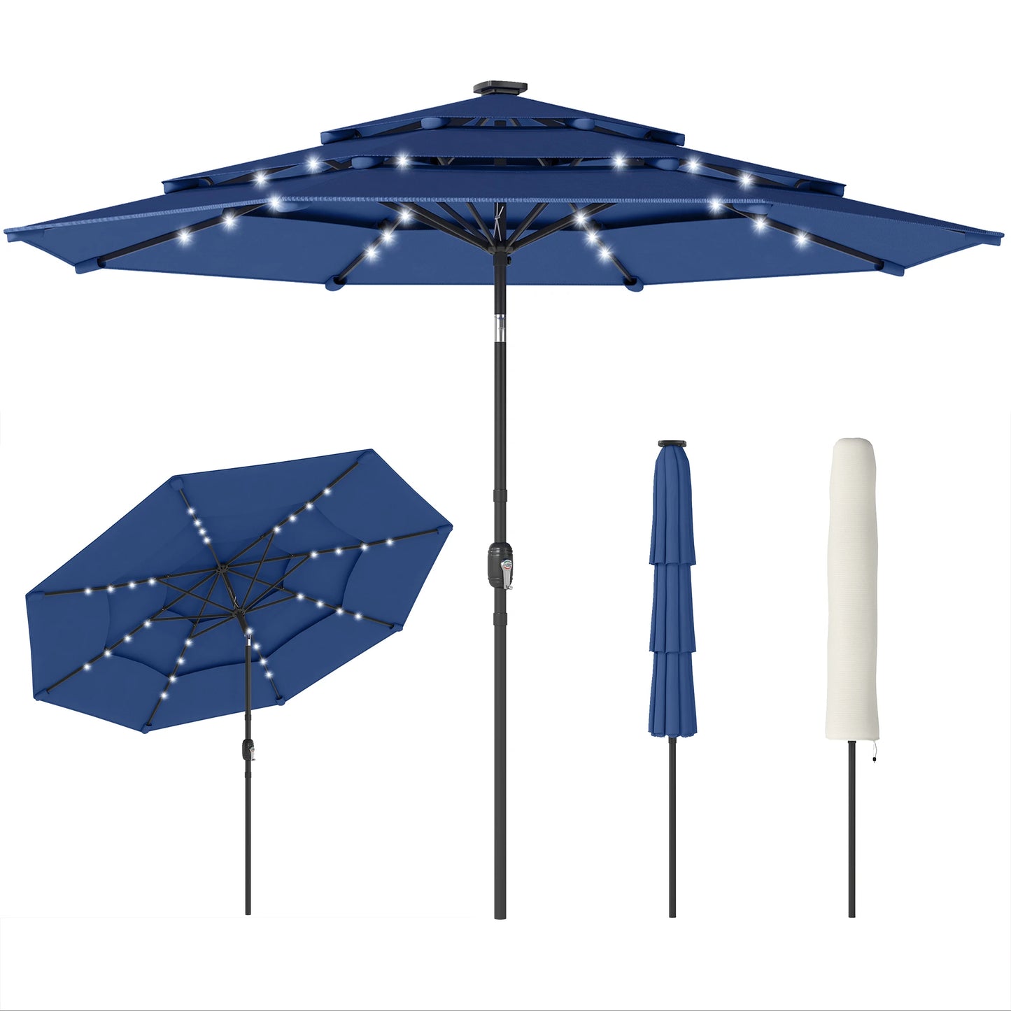 9.7 ft Outdoor Patio Umbrella with Lights, Navy Blue