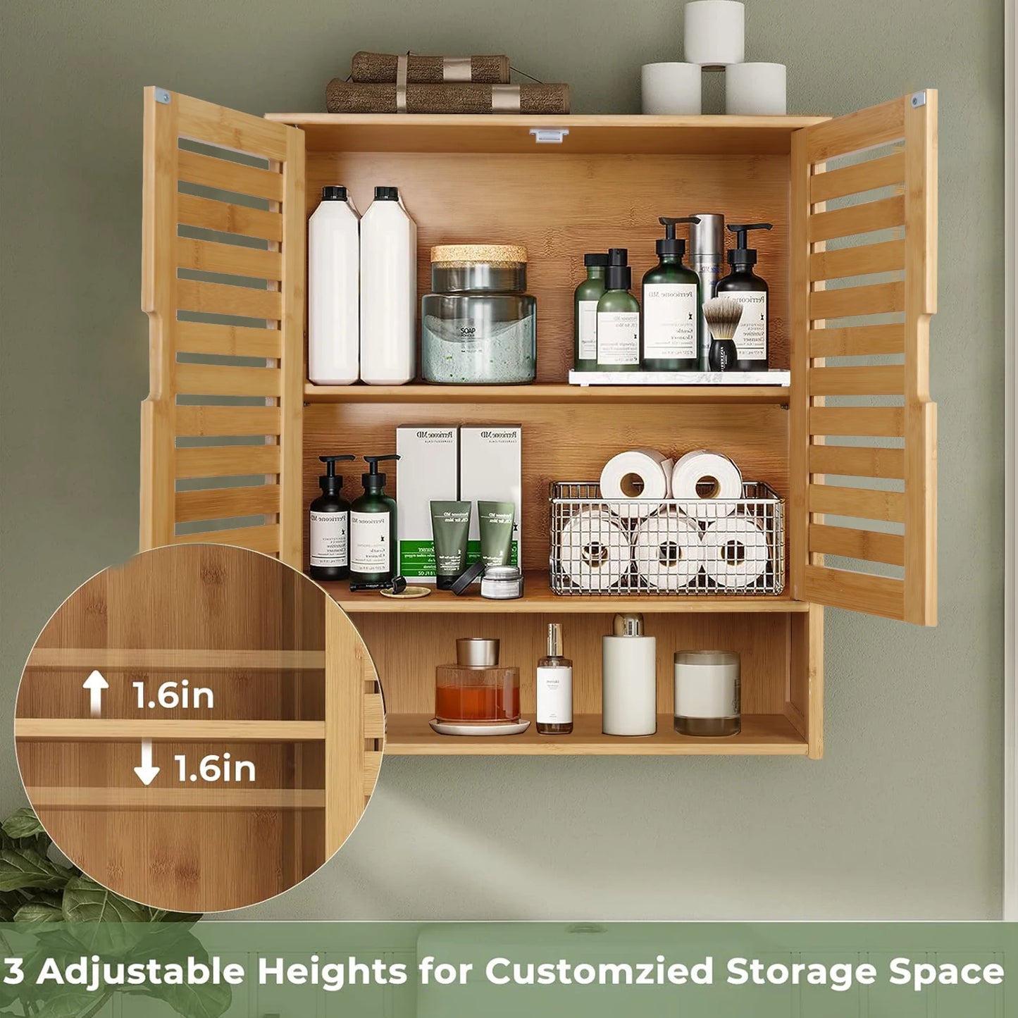 Bamboo Wall Mounted Bathroom Cabinet With Adjustable Shelves