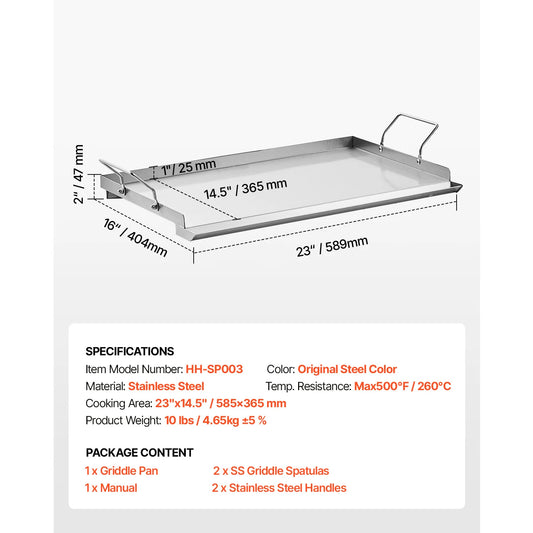 SucceBuy Stainless Steel Rectangular Flat Top Griddle Grill